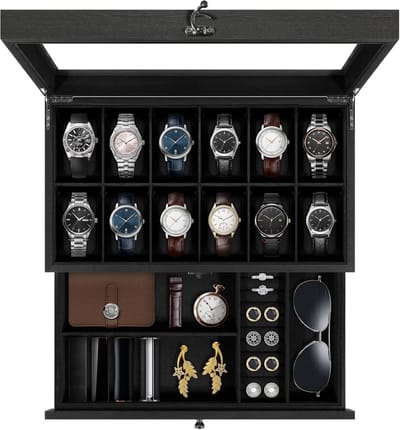 Uten 2 Niveaus Houten Horloge Doos - Horlogebox - Geschikt voor 12 Horloges - Sieradendoos - Brillendoos - Zwart