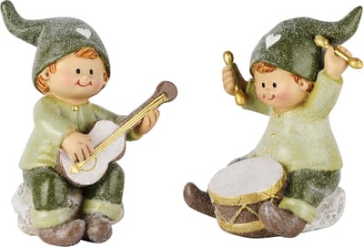 Dekoratief | Winterkindje m/gitaar/trommel, groen, resina, 6x7x9cm, set van 2 stuks | A245115