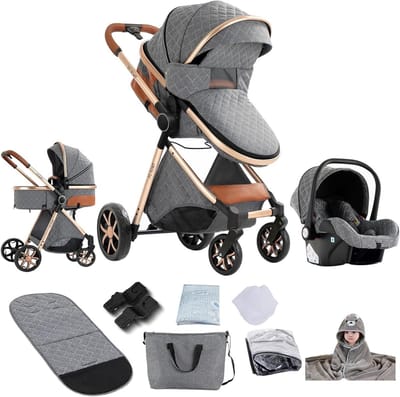 YV9 3-in-1 kinderwagen, kinderwagen met omkeerbaar, twee manieren om te duwen, 3-in-1 kinderwagen met één klik opvouwbaar ontwerp, trio met aluminium frame, hoog landschap (YV9 Grey)