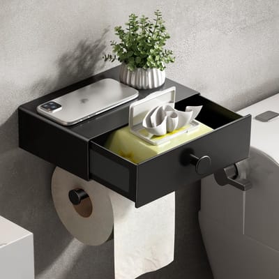 Unyqoos ® Innovatieve Toiletpapierhouder met Lade en Plank voor Badkamergebruik, Zonder Boren, Mat Zwart Ontwerp