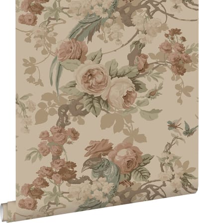 ESTAhome behang bloemen en vogels beige - 50 x 900 cm - 139808