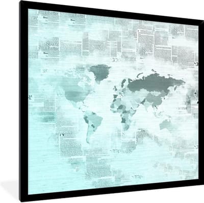 Poster in lijst - Fotolijst 40x40 cm - Posters - Wereldkaart - Blauw - Wit - Krant - Posterlijst zwart - Decoratie - Wanddecoratie woonkamer - Muurdecoratie slaapkamer