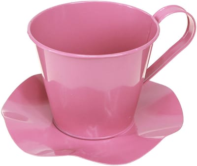 Decoratieve theekopjes van metaal met schoteltje, roze, Ø12 cm, H10 cm