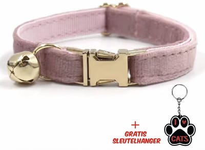 SilverAndCoco® - Licht Roze Katten Halsband met Bel met Gratis Sleutelhanger | Velvet Kat Kitten Bandje met belletje | Kattenhalsband Suède Gouden | Kleding Decoratie | Kattenbandje Huisdier - Goud