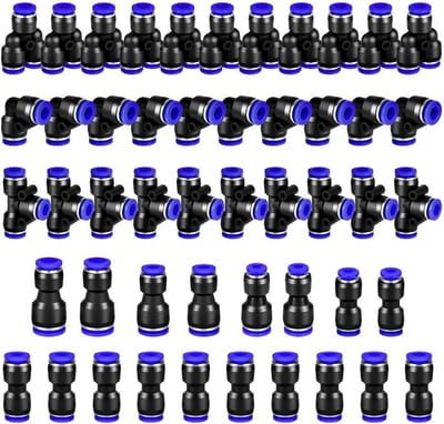 48-delige set gecomprimeerde luchtverbindingen, 8 mm, drukkoppelingen voor pneumatische toepassingen, irrigatiebuizen en slangaansluitingen, inclusief ellebogen, rechte stukken en T-stukken