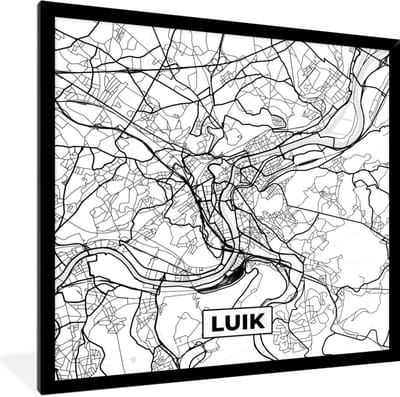Fotolijst incl. Poster Zwart Wit- Zwart Wit – België – Plattegrond – Stadskaart – Kaart – Luik - 40x40 cm - Posterlijst