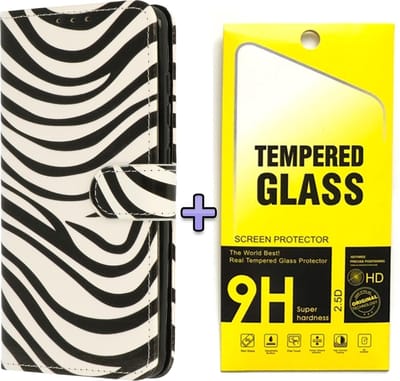 HB Hoesje Geschikt voor Samsung Galaxy S21 FE met Print - Portemonnee Book Case - Kaarthouder & Magneetlipje - Zebra & Glazen Screenprotector