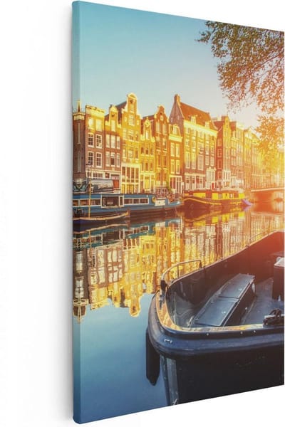 Artaza Canvas Schilderij Amsterdam - 80x120 cm - Groot - Wanddecoratie Grachten - Muurdecoratie Zonsondergang - Schilderijen Op Canvas Boot