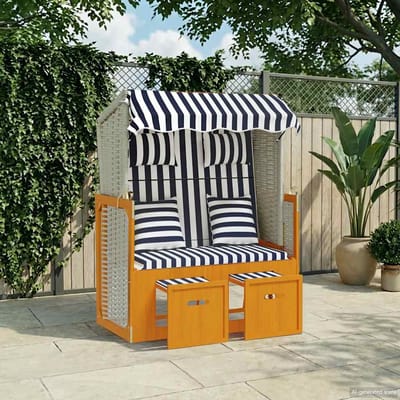 vidaXL - Strandstoel - met - kussens - poly - rattan - en - hout - wit - en - blauw