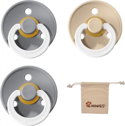 Bibs fopspenen maat 1 0-6 maanden| Set 3 stuks| Glow cloud, vanilla, cloud + Monkiezz speenzakje