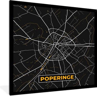 Fotolijst incl. Poster - Stadskaart - Poperinge - Black en gold - Plattegrond - Kaart - 40x40 cm - Posterlijst