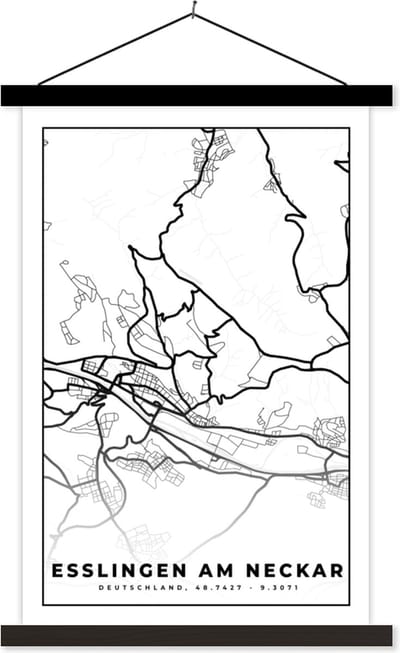 Posterhanger incl. Poster 40x60 cm - Schoolplaat - Esslingen am Neckar - Plattegrond - Stadskaart - Kaart - Textielposter - Zwarte latten - Stadskaart