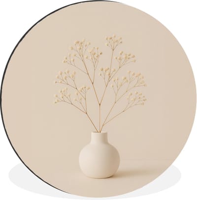 WallCircle - Wandcirkel - Muurcirkel - Vaas - Takken - Bloemetjes - Wit - Aluminium - Dibond - 30x30 cm - Binnen en Buiten