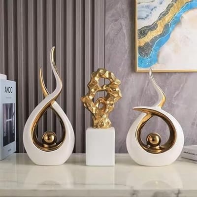 Luxe Decoratie Beelden Set Goud Wit - 3 Keramische Beelden 14-33 cm Modern Interieur