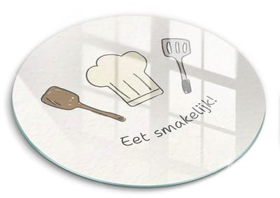 Wallfluent Glazen Snijplanken - Eet smakelijk! Snijplanken Glas - fi30 cm - Wit Snijplanken van Glas - Snijplank van Glas - Snijplank van Glas met Print - Antislip Keuken Snijplank Glas