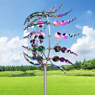 Veelkleurig kleuren magische 3D windmolen 32cm | 360° draaiende metalen windvanger | Sierlijke sculptuur als decoratie voor tuin en terras