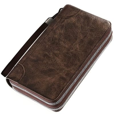 Leren Clutch Tas voor Heren – Grote Ritsportemonnee, Polsband Wallet voor Kaarten, Telefoon en Zakelijk Gebruik, Heren Portemonnee en Telefoonhoesje - Bruin