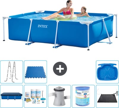 Intex Rechthoekig Frame Zwembad - 220 x 150 x 60 cm - Blauw - Inclusief Afdekzeil - Onderhoudspakket - Zwembadfilterpomp - Filter - Solar Mat - Ladder - Voetenbad - Vloertegels - 9-delig