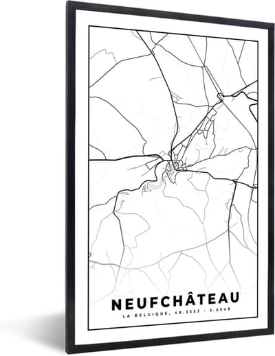 Fotolijst incl. Poster Zwart Wit- Plattegrond – Neufchâteau – Zwart Wit – Stadskaart - Kaart - België - 40x60 cm - Posterlijst