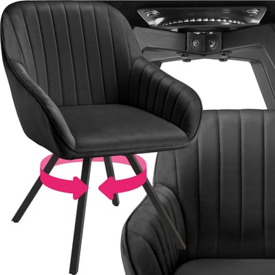 tectake® - Draaibare eetkamerstoel met armleuningen - Ergonomische kuipstoel met fluwelen bekleding - Gewatteerd - Draaistoel voor woonkamer, eettafel, studeerkamer, kaptafel en keuken - Zwart