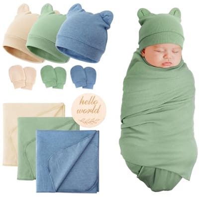 Geboorte Deken Zachte Zwadeldekens voor Baby Wikkelen Warme Omslagdoeken met Beer Oor Muts Hoofdband met Handschoenen