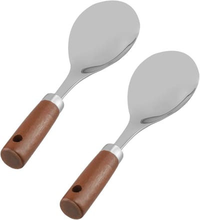 2 stuks Hoogwaardige roestvrijstalen rijstlepel met comfortabele houten grip, perfect voor dagelijks gebruik,21.8*7.5cm