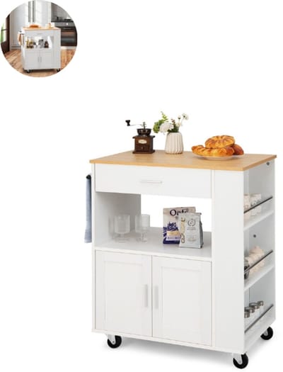 Keukeneiland - Verplaatsbaar - Keukenkast - Dressoir - Organizer - Houten Werkblad - 2 Deuren - Wit