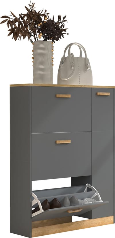 Houten plank Kipper schoenenrek Schoenenkast Schoenenkipper 3 kleppen 1 draaideur Halom L