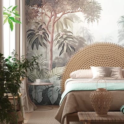 Fotobehang Profhome 399011-GU vliesbehang hardvinyl warmdruk in reliëf glad in jungle stijl mat bruin blauw groen wit 3,71 m x 2,8 m
