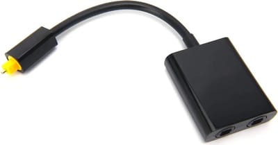 Geschikt voor Toslink digitale optische splitter 1-in-2 audioadapter, compatibel met cd/dvd-versterkers, tv's, PS3 en Xbox 360, met één mannelijke en twee vrouwelijke aansluitingen.