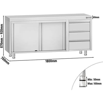 GGM Gastro Edelstahl Arbeitsschrank ECO - 1800x700mm - mit 3 Schubladen rechts Zilver