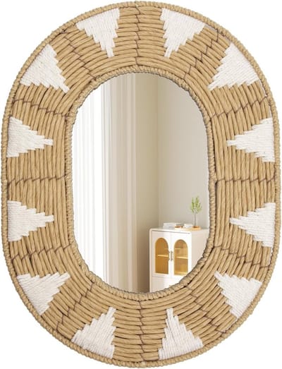 Ovale Rieten Wandspiegel - Handgeweven Boho Spiegel voor Wanddecoratie in Badkamer, Woonkamer en Slaapkamer, 42cm x 32cm