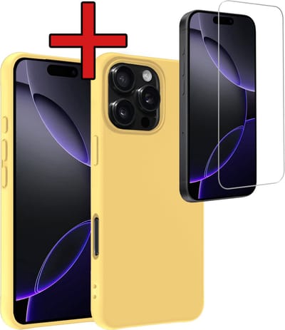Hoesje - Met Screenprotector - Geschikt voor Apple iPhone 16 Pro - Sterk & Shockproof - Telefoon Hoes - Back Cover - Siliconen Case - Telefoonhoes - Geel