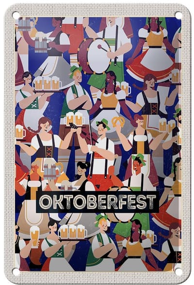 Blechschild Reise 12x18cm Oktoberfest Trommel Tanzen Trinken Schild