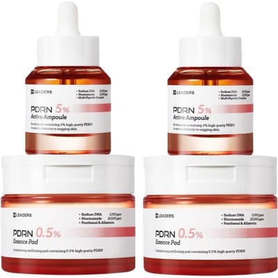 LEADERS Ampoule Active PDRN 30ml Double Pack + Pack de Pads Essentiels 135ml Ensemble Soin Anti-Âge Raffermissant 4 articles white