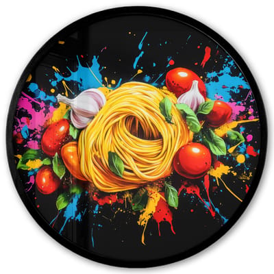 Poster in lijst Rond - Fotolijst 40x40 cm - Posters - Spaghetti - Graffiti - Verf - Kleurrijk - Eten - Modern - Ronde posterlijst zwart - Decoratie - Wanddecoratie woonkamer - Muurdecoratie slaapkamer