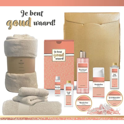 Geschenkset “Je bent goud waard!” - 11 producten - 1710 gram | Luxe Cadeaubox voor haar - Wellness Pakket Vrouw - Giftset Kerst - Cadeaupakket Vriendin Collega Vrijwilliger - Relatiegeschenk Verjaardag Moeder Moederdag - Kerstpakket Cadeau Zalm Roze