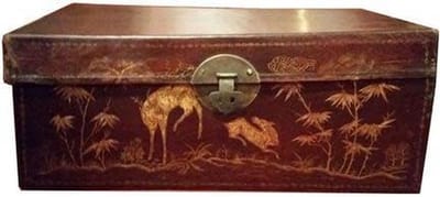 Fine Asianliving Antieke Chinese Kist Leer met Gouden Schilderingen Handbeschilderd Chinese Meubels Oosterse Kast