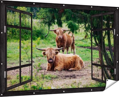 Gards Tuinposter Doorkijk Twee Schotse Hooglanders in de Bossen - 180x120 cm - Tuindoek - Tuindecoratie - Wanddecoratie buiten - Tuinschilderij