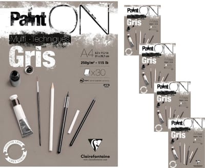 Clairefontaine - Paint ON - Multi-Techniek Pad - Tekenpapier - Schilderpapier - Grijs - A4 - 250 g - 30 vel - 4 Pack