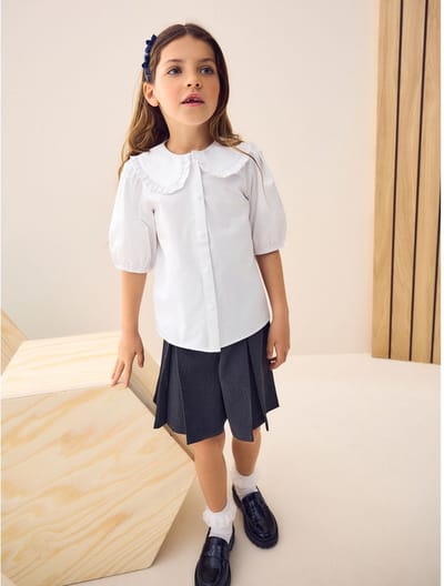 Next - Meisjes - Schoolblouse met klittenbandsluiting, kraag met ruches en hoog aandeel katoen - Wit
