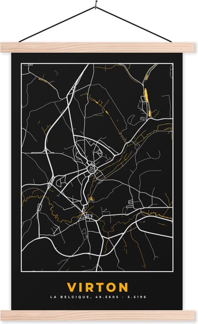 Posterhanger incl. Poster 40x60 cm - Schoolplaat - Plattegrond - Virton - Goud - Kaart - Stadskaart - Textielposter - Blanke latten - Stadskaart