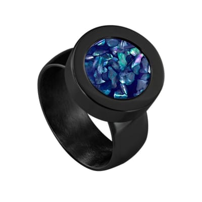Quiges RVS Schroefsysteem Ring Zwart Glans 17mm met Verwisselbare Donkerblauwe Vlokjes Schelp 12mm Mini Munt
