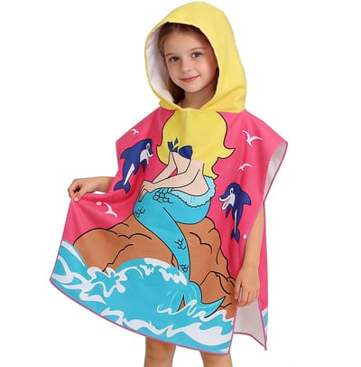 Kinderbadponcho - Microfiber kinderbadhanddoek - Poncho met capuchon - Kindercape met cartoonprint - Absorberende en sneldrogende zwemhanddoek - Kinderstrandponcho met capuchon - Geschikt om te baden, in het zwembad en om te zwemmen