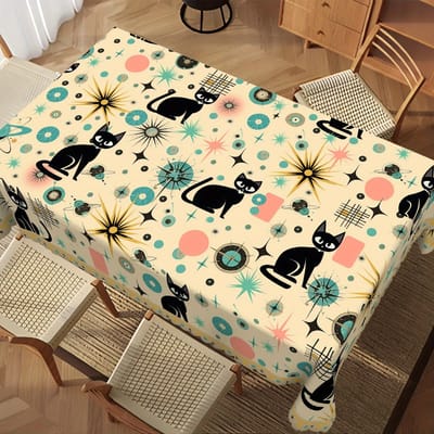 Vintage Franse Kat Tafelkleed, Zwarte Kat Zachte Kleur Print Rechthoekige Tafelhoes, Modern Ontwerp voor Keuken Banket Binnen Buiten 140x140cm