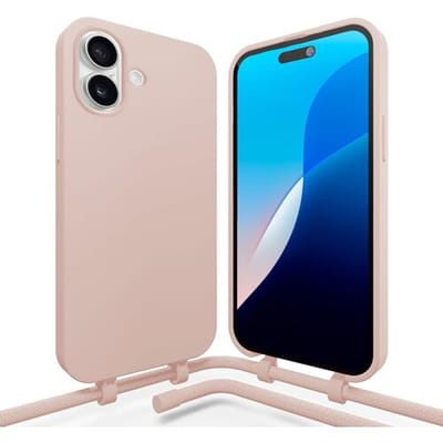Coverzs siliconen hoesje met koord geschikt voor de Apple iPhone 16 hoesje - telefoonhoesje met afneembaar telefoonkoord - verstelbaar telefoonkoord - koordhoesje - TPU / siliconen materiaal (roze)
