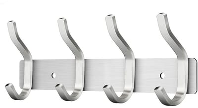 roestvrij staal, hakenlijst, kledinghaken, muur met 4 haken, garderobestand, wandgarderobe voor slaapkamer, badkamer, keuken (zilver, 4 haken)