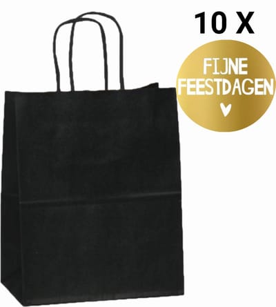 HGN Papieren Tasjes -Cadeautasjes-Cadeauzakjes-10 Stuks-Zwart-Incl 10 Stickers twv 3,99-Fijne Feestdagen-Kerst tasjes-Gratis verzending-18+8x24 cm