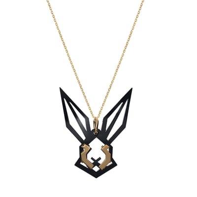 HÔBE | Conejo Hanger | 14 Karaat Goud Verguld Messing| Zwart Celluloseacetaat | Lengte: 5cm | Breedte: 4 cm | 100% Nikkelvrij | Handgemaakt | Zonder Ketting