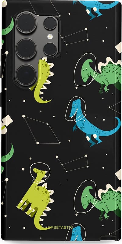 Casetastic hoesje geschikt voor Samsung Galaxy S24 Ultra - Dubbellaagse bescherming - Dino in de sterren - Fashion Case - Zwart Groen